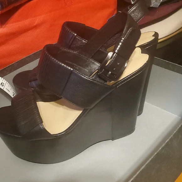 Via Spiga Black Wedge Sandals Strap Leather - Picture 9 of 11